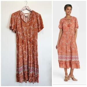 Knox Rose Womens Dress XL Orange Flowy Flutter Short Sleeve Maxi Floral Boho NWT